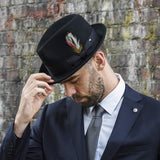 Model wearing men's black fedora hat