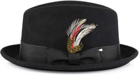 Men's black fedora hat side view